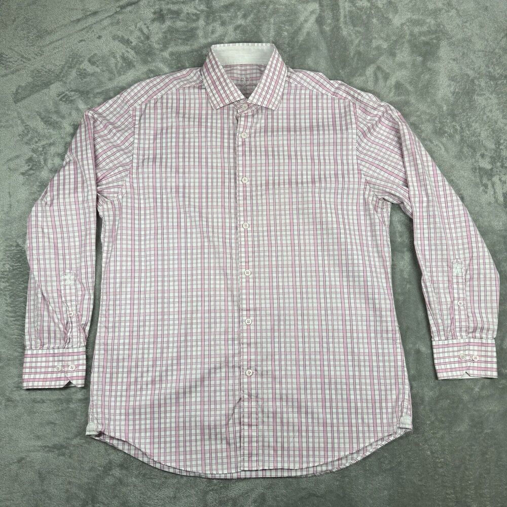 Bugatchi Uomo Shirt Men Large Pink Plaid Shaped Fit Button Up Cotton Long Sleeve